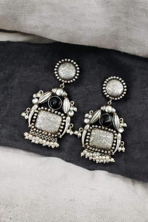 HandMade Silver Replica Monalisa Stone Stud Earrings with Pearl Work