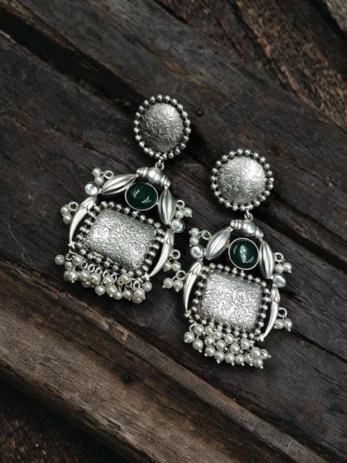 HandMade Silver Replica Monalisa Stone Stud Earrings with Pearl Work