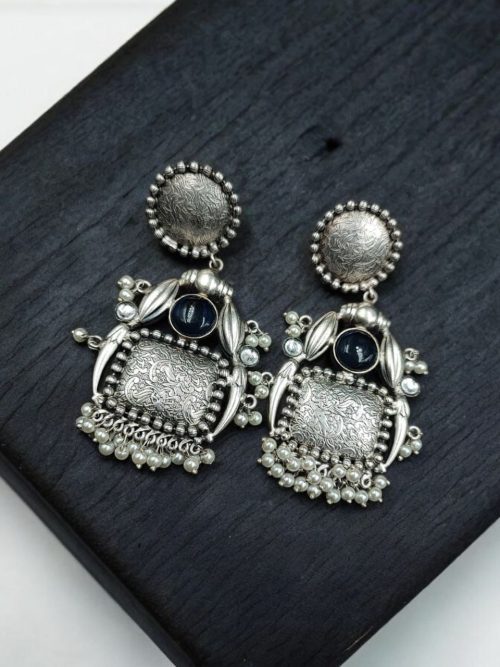 HandMade Silver Replica Monalisa Stone Stud Earrings with Pearl Work