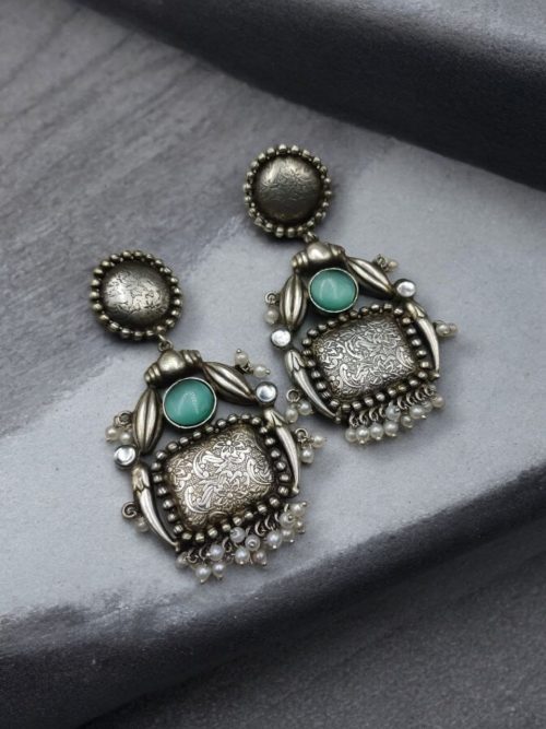 HandMade Silver Replica Monalisa Stone Stud Earrings with Pearl Work