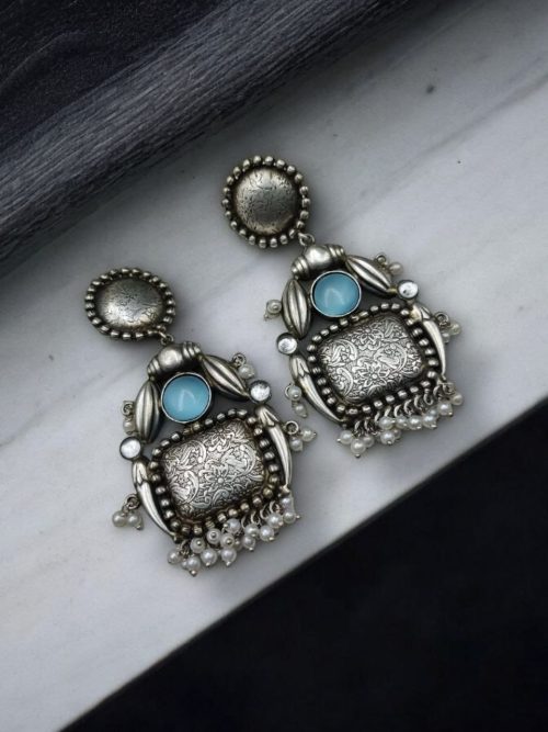 HandMade Silver Replica Monalisa Stone Stud Earrings with Pearl Work
