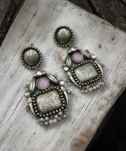 HandMade Silver Replica Monalisa Stone Stud Earrings with Pearl Work