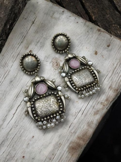 HandMade Silver Replica Monalisa Stone Stud Earrings with Pearl Work