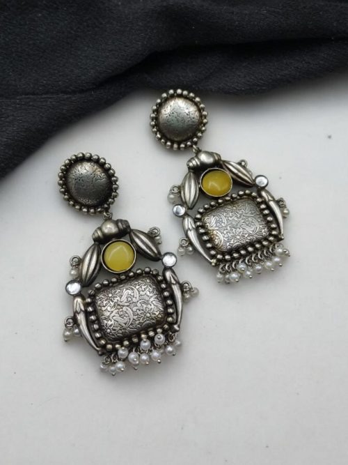 HandMade Silver Replica Monalisa Stone Stud Earrings with Pearl Work
