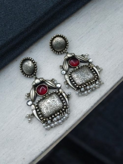 HandMade Silver Replica Monalisa Stone Stud Earrings with Pearl Work
