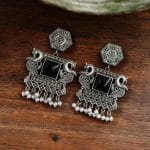 Dangler Peacock Earrings | Best Oxidised Monalisa Silver Replica Earring With Pearl Beads