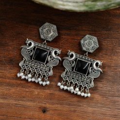 Dangler Peacock Earrings | Oxidised Monalisa Silver Replica Earring With Pearl Beads