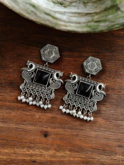 Dangler Peacock Earrings | Oxidised Monalisa Silver Replica Earring With Pearl Beads