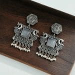 Bulk 40 Dangler Peacock Earrings | Best Oxidised Monalisa Silver Replica Earring With Pearl Beads - "Grey"