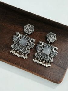 Dangler Peacock Earrings | Best Oxidised Monalisa Silver Replica Earring With Pearl Beads - Color: "Grey"