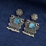 Bulk 42 Dangler Peacock Earrings | Best Oxidised Monalisa Silver Replica Earring With Pearl Beads - "Aqua"