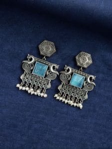 Dangler Peacock Earrings | Best Oxidised Monalisa Silver Replica Earring With Pearl Beads - Color: "Aqua"