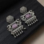 Bulk 38 Dangler Peacock Earrings | Best Oxidised Monalisa Silver Replica Earring With Pearl Beads - "Babypink"