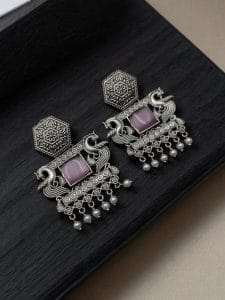 Dangler Peacock Earrings | Best Oxidised Monalisa Silver Replica Earring With Pearl Beads - Color: "Babypink"