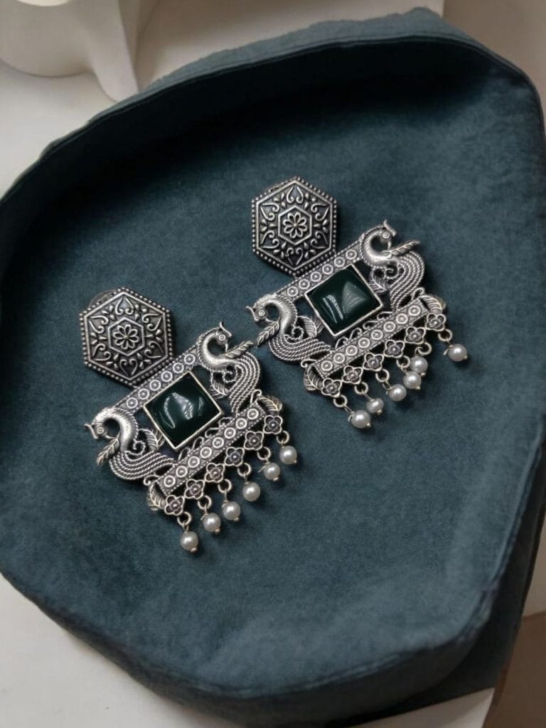 Bulk 764 Dangler Peacock Earrings | Best Oxidised Monalisa Silver Replica Earring With Pearl Beads - "Green"