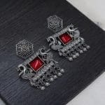 Bulk 36 Dangler Peacock Earrings | Best Oxidised Monalisa Silver Replica Earring With Pearl Beads - "Red"