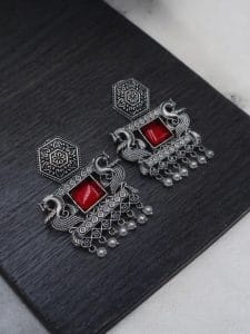 Dangler Peacock Earrings | Best Oxidised Monalisa Silver Replica Earring With Pearl Beads - Color: "Red"
