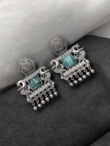Dangler Peacock Earrings | Best Oxidised Monalisa Silver Replica Earring With Pearl Beads - Color: "Mint"