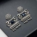 Bulk 32 Dangler Peacock Earrings | Best Oxidised Monalisa Silver Replica Earring With Pearl Beads - "Blue"