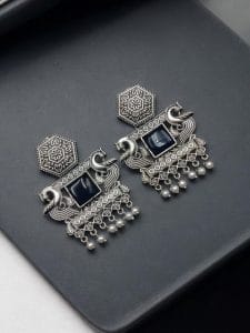 Dangler Peacock Earrings | Best Oxidised Monalisa Silver Replica Earring With Pearl Beads - Color: "Blue"
