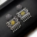 Bulk 30 Dangler Peacock Earrings | Best Oxidised Monalisa Silver Replica Earring With Pearl Beads - "Yellow"