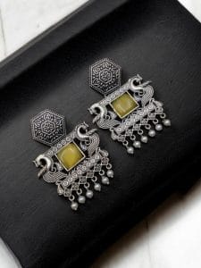 Dangler Peacock Earrings | Best Oxidised Monalisa Silver Replica Earring With Pearl Beads - Color: "Yellow"