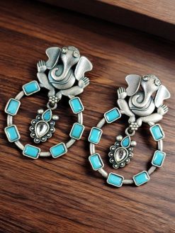 Oxidised Lord Ganesha Silver Replica Earrings With Stone Work - Light Weight Earring