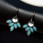 Oxidised Hook Earrings - Silver Replica Stone Work Earrings ( Daily Wear Earrings ) - "Turquoise"