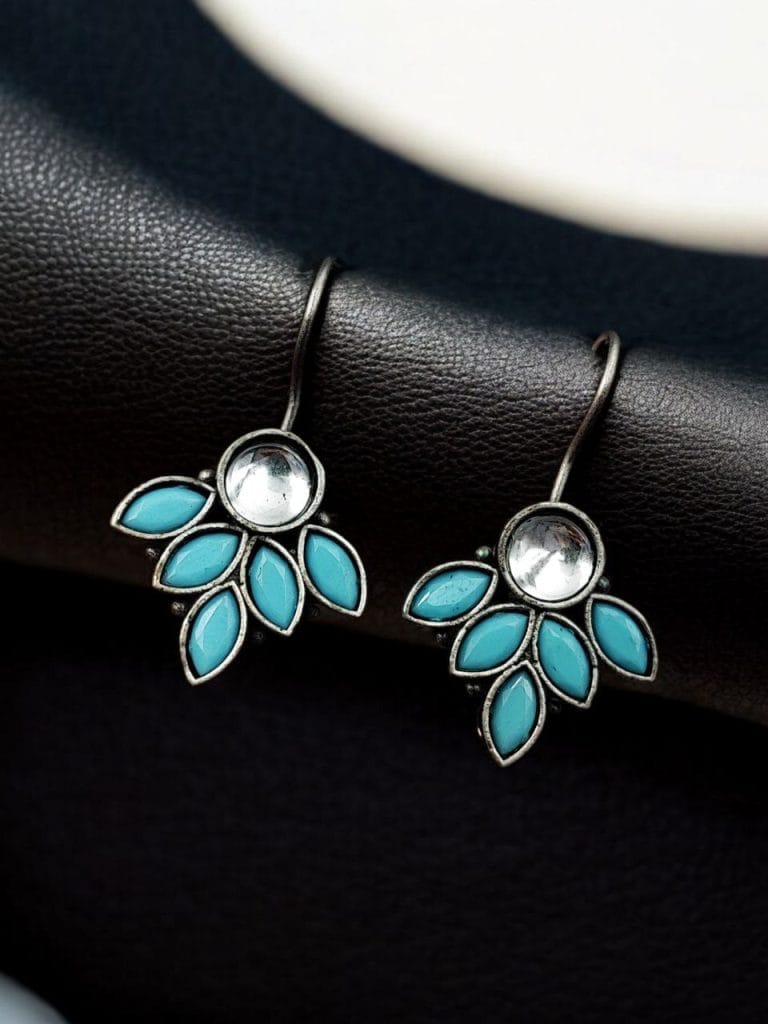 Bulk 782 Oxidised Hook Earrings - Silver Replica Stone Work Earrings ( Daily Wear Earrings ) - "Turquoise"