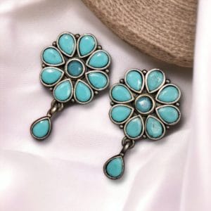 Best Daily Wear Earrings - Designer Round Shape Oxidised Stone Work Stud Earrings For Girls - Color: "Aqua"