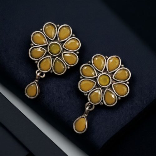 Designer round-shaped oxidised stud earrings with intricate stone work for girls