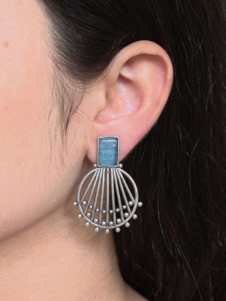 Jaipuri Design Silver Replica Monalisa Stone Stud Earrings For Girls