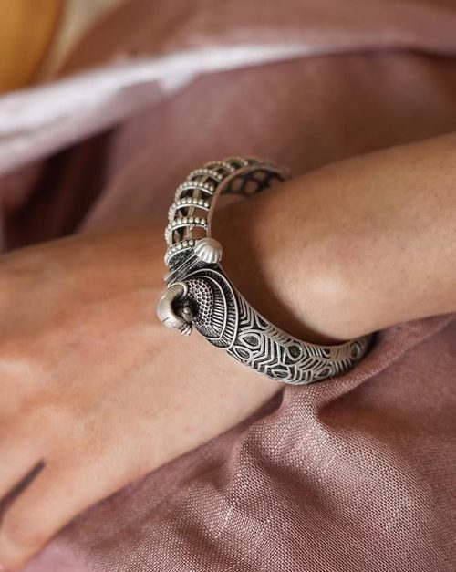 Designer-Peacock-Silver-Replica-Kada-Bangle-For-Girls-Opeanable-Bracelet