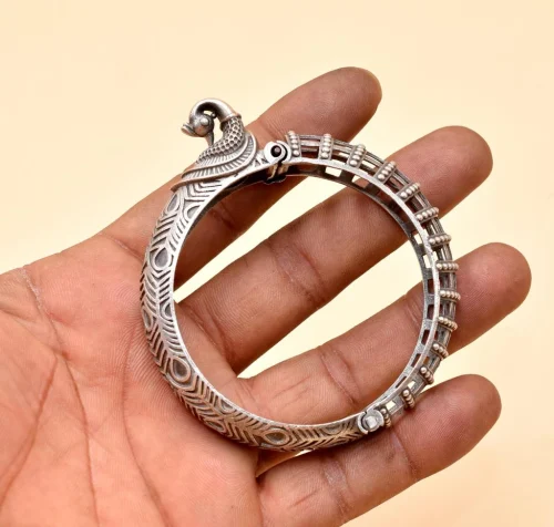 Designer-Peacock-Silver-Replica-Kada-Bangle-For-Girls-Opeanable-Bracelet