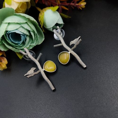 Antique Silver Replica Bird Earrings - Monalisa Stone Stud Casual Earring