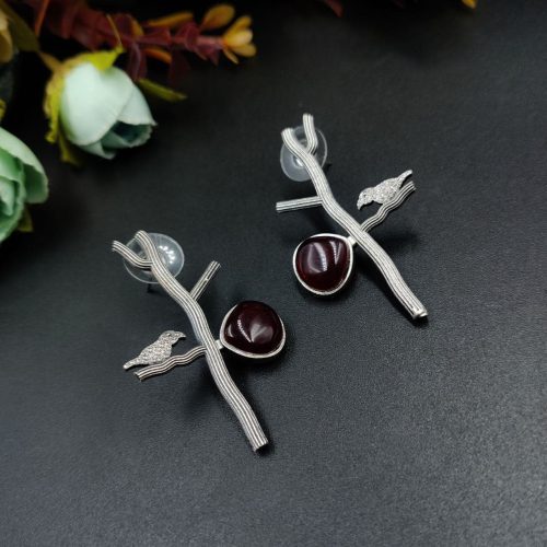 Antique-Silver-Replica-Bird-Earrings-Monalisa-Stone-Stud-Casual-Earring