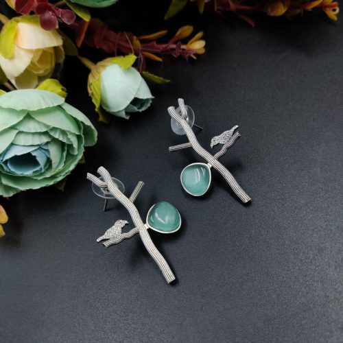 Antique-Silver-Replica-Bird-Earrings-Monalisa-Stone-Stud-Casual-Earring