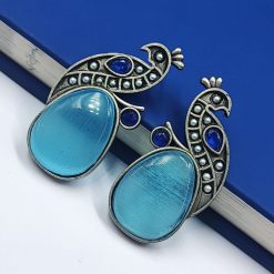 Jaipuri-Oxidised-Silver-Replica-Peacock-Earrings-With-Monalisa-Stone-and-Pearl-Work