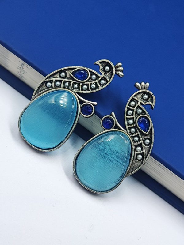 Jaipuri-Oxidised-Silver-Replica-Peacock-Earrings-With-Monalisa-Stone-and-Pearl-Work