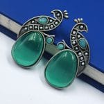 Jaipuri Oxidised Silver Replica Peacock Earrings With Perfect Monalisa Stone and Pearl Work - "Mint"
