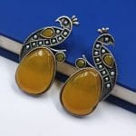 Jaipuri Oxidised Silver Replica Peacock Earrings With Perfect Monalisa Stone and Pearl Work - "Yellow"