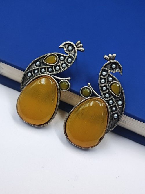 Jaipuri-Oxidised-Silver-Replica-Peacock-Earrings-With-Monalisa-Stone-and-Pearl-Work
