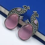 Jaipuri Oxidised Silver Replica Peacock Earrings With Perfect Monalisa Stone and Pearl Work - "Baby Pink"