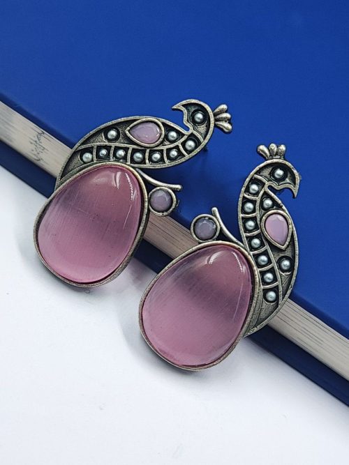 Jaipuri-Oxidised-Silver-Replica-Peacock-Earrings-With-Monalisa-Stone-and-Pearl-Work