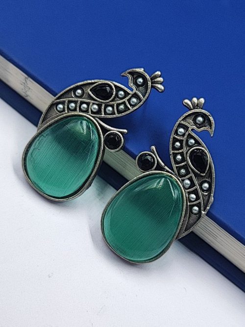Jaipuri-Oxidised-Silver-Replica-Peacock-Earrings-With-Monalisa-Stone-and-Pearl-Work