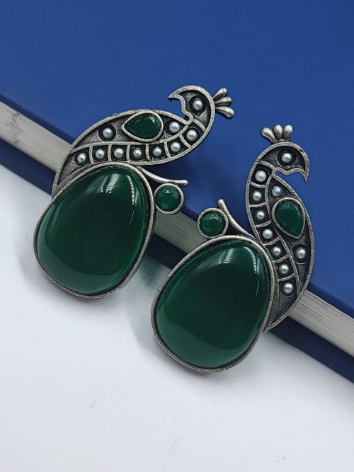 Jaipuri-Oxidised-Silver-Replica-Peacock-Earrings-With-Monalisa-Stone-and-Pearl-Work