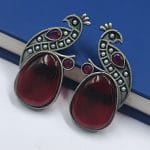 Jaipuri Oxidised Silver Replica Peacock Earrings With Perfect Monalisa Stone and Pearl Work - "Red"