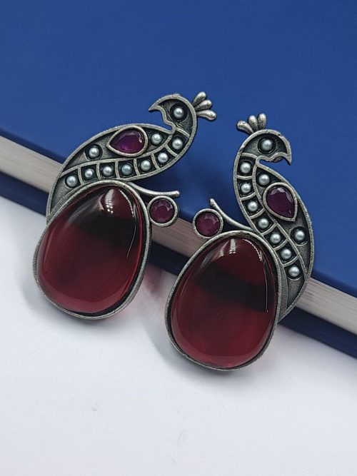 Jaipuri-Oxidised-Silver-Replica-Peacock-Earrings-With-Monalisa-Stone-and-Pearl-Work