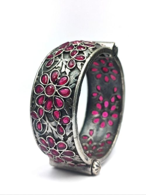 Floral-Art-Silver-Replica-Stone-Work-Oxidised-Bangle-Kada-For-Girls