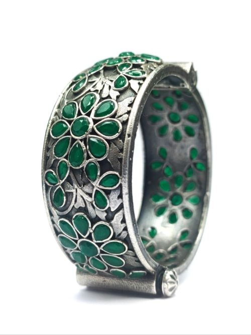 Floral-Art-Silver-Replica-Stone-Work-Oxidised-Bangle-Kada-For-Girls